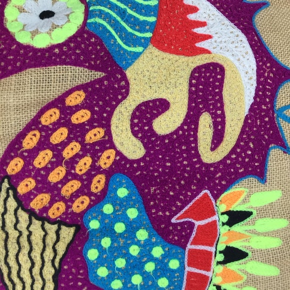 Tropical bright embroidered seahorse pillow covers/burlap with Pom fring-2pc set - Picture 14 of 16